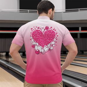 Custom Pink Bowling Heart Quarter-Zip Shirts For Men, Valentine Bowling Couple Outfits IPHW8361