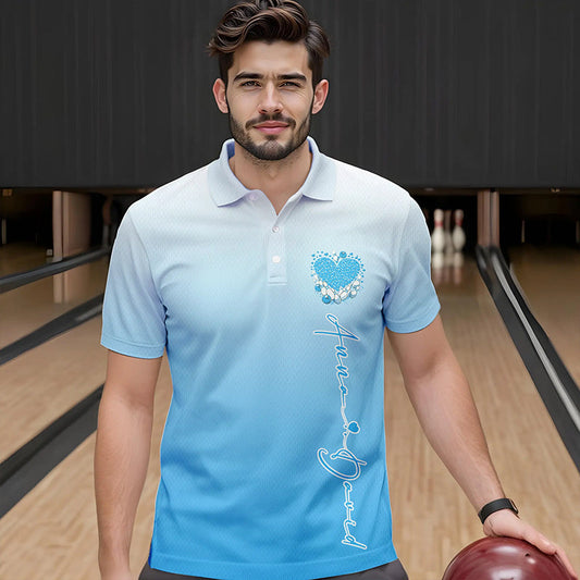 Custom Blue Bowling Heart Polo Shirts For Men, Valentine Bowling Couple Outfits IPHW8362
