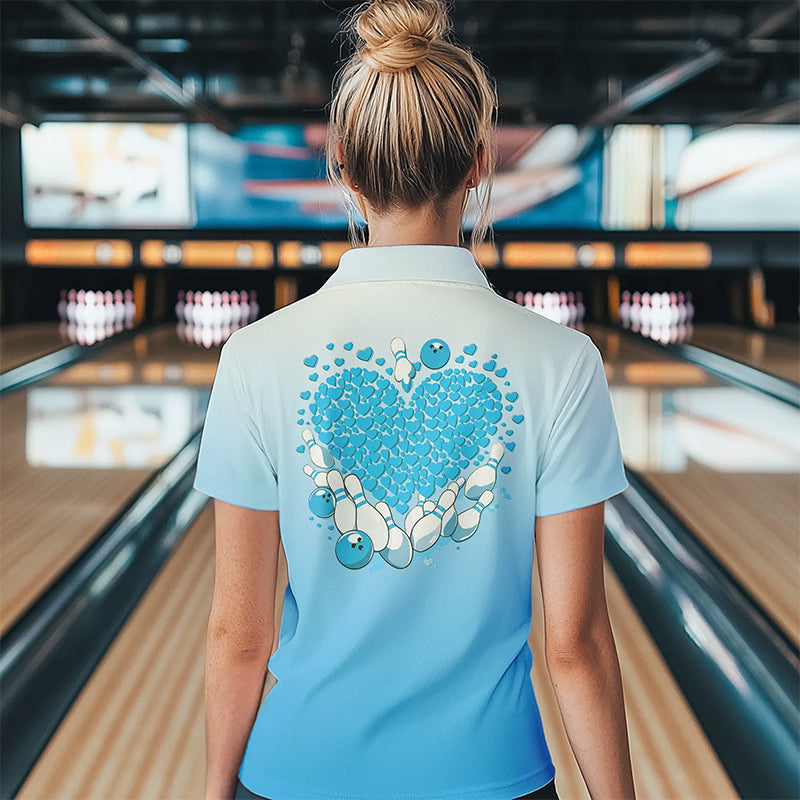Custom Blue Bowling Heart Polo Shirts For Women, Valentine Bowling Couple Outfits IPHW8362