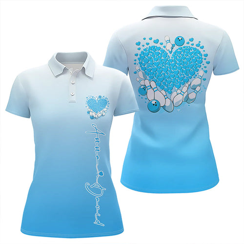 Custom Blue Bowling Heart Polo Shirts For Women, Valentine Bowling Couple Outfits IPHW8362