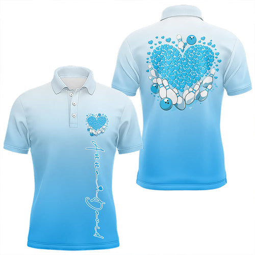 Custom Blue Bowling Heart Polo Shirts For Men, Valentine Bowling Couple Outfits IPHW8362