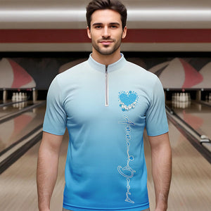 Custom Blue Bowling Heart Quarter-Zip Shirts For Men, Valentine Bowling Couple Outfits IPHW8362