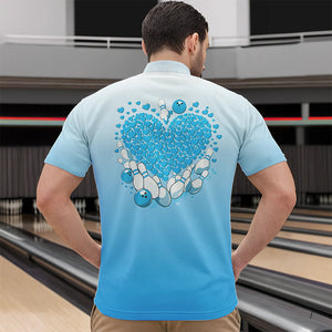 Custom Blue Bowling Heart Quarter-Zip Shirts For Men, Valentine Bowling Couple Outfits IPHW8362