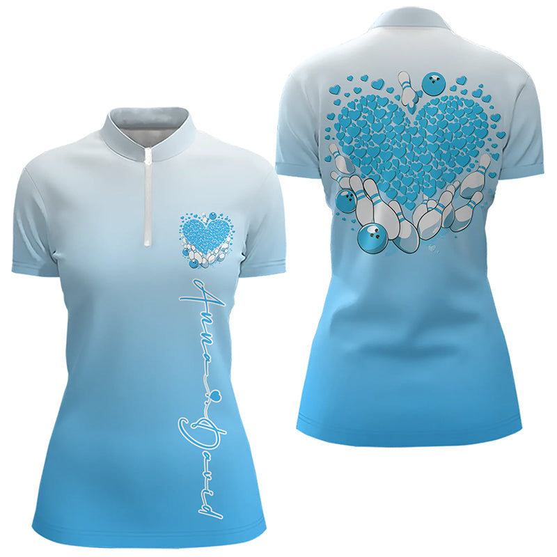 Custom Blue Bowling Heart Quarter-Zip Shirts For Women, Valentine Bowling Couple Outfits IPHW8362