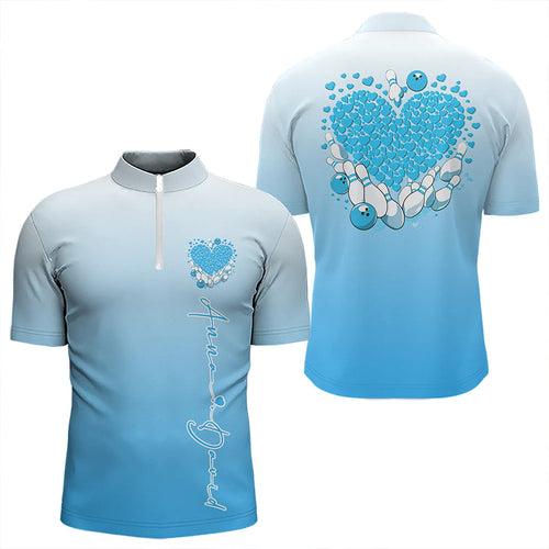 Custom Blue Bowling Heart Quarter-Zip Shirts For Men, Valentine Bowling Couple Outfits IPHW8362
