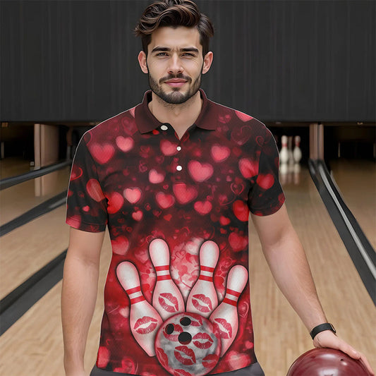 Black And Red Heart Theme Custom Valentines Bowling Polo Shirt For Men, Bowling Couple Outfit IPHW8364