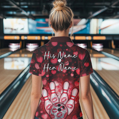 Black And Red Heart Custom Valentines Bowling Polo Shirt For Women, Bowling Couple Outfit IPHW8364