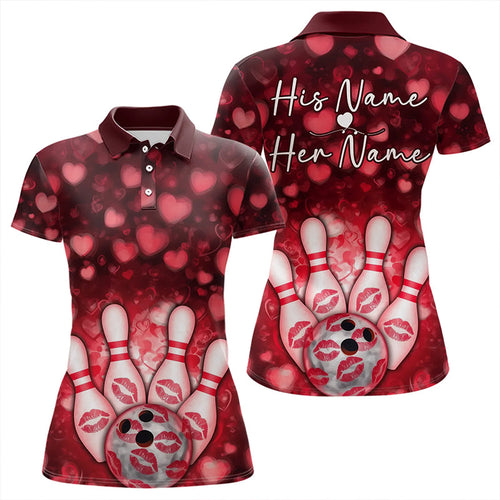 Black And Red Heart Custom Valentines Bowling Polo Shirt For Women, Bowling Couple Outfit IPHW8364