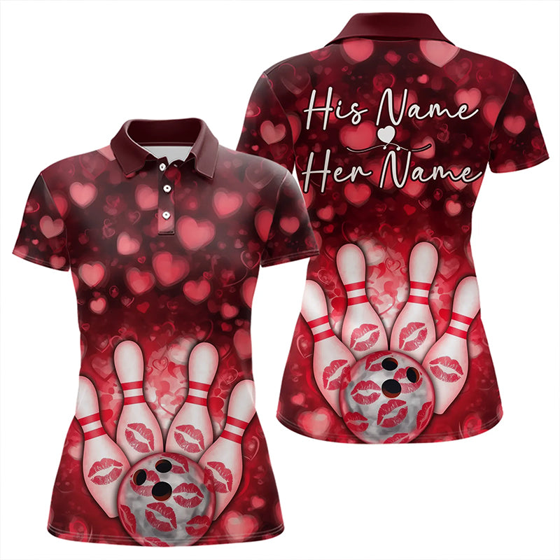 Black And Red Heart Custom Valentines Bowling Polo Shirt For Women, Bowling Couple Outfit IPHW8364