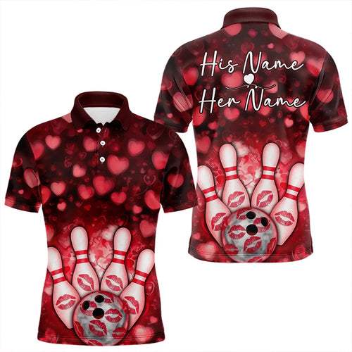 Black And Red Heart Theme Custom Valentines Bowling Polo Shirt For Men, Bowling Couple Outfit IPHW8364
