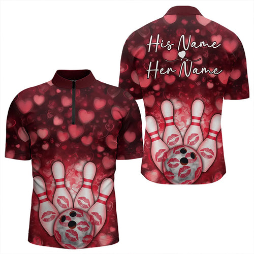 Black And Red Heart Custom Valentines Bowling Quarter-Zip Shirt For Men, Bowling Couple Outfit IPHW8364