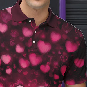 Black And Pink Heart Custom Valentines Bowling Polo Shirt For Men, Bowling Couple Outfit IPHW8365