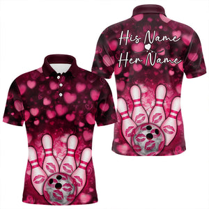 Black And Pink Heart Custom Valentines Bowling Polo Shirt For Men, Bowling Couple Outfit IPHW8365