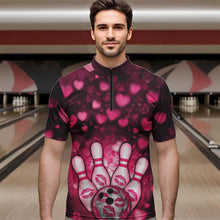 Load image into Gallery viewer, Black And Pink Heart Custom Valentines Bowling Quarter-Zip Shirt For Men, Bowling Couple Outfit IPHW8365