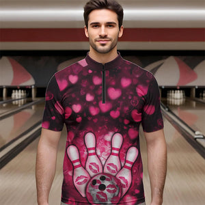 Black And Pink Heart Custom Valentines Bowling Quarter-Zip Shirt For Men, Bowling Couple Outfit IPHW8365