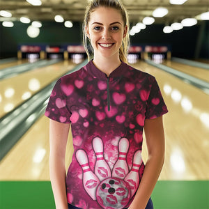 Black And Pink Heart Custom Valentine Bowling Womens Quarter-Zip Shirt, Bowling Couple IPHW8365