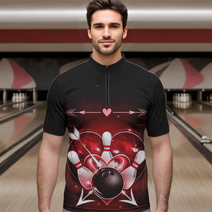 Custom Valentine Bowling Heart Quarter-Zip Shirts For Men, Couple Bowling Outfits IPHW8367