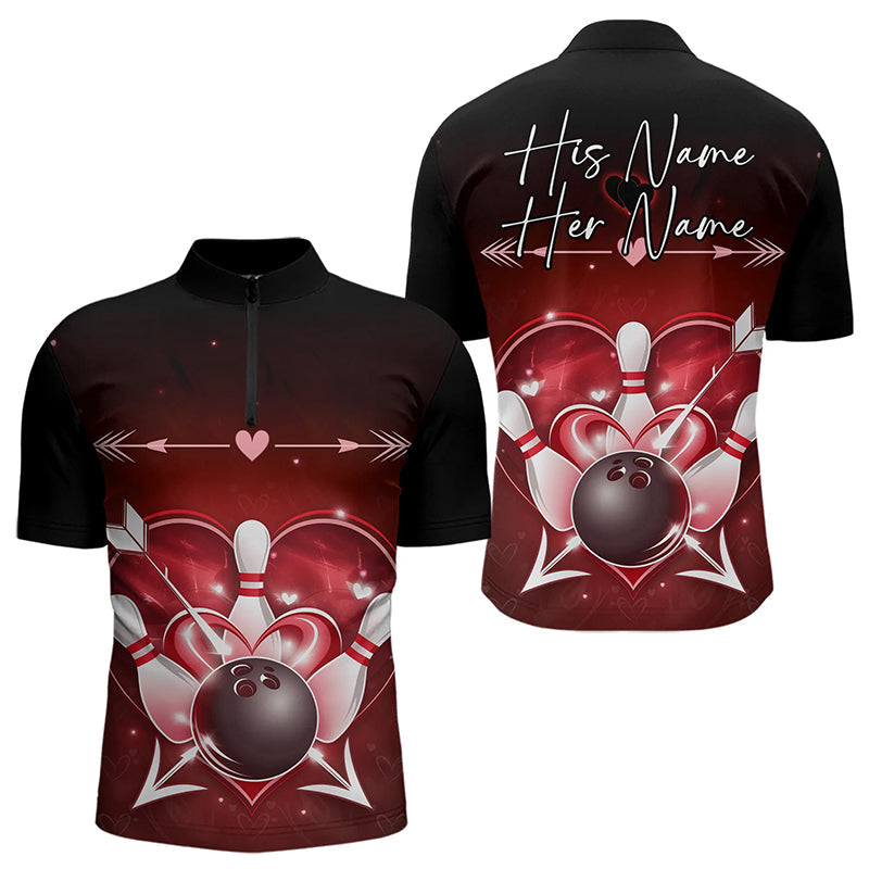 Custom Valentine Bowling Heart Quarter-Zip Shirts For Men, Couple Bowling Outfits IPHW8367