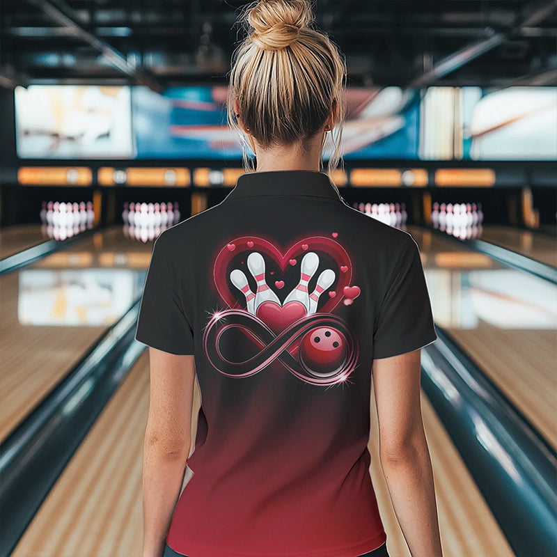 Black And Red Custom Valentines Bowling Polo Shirts For Women, Infinity Love Couple Shirt IPHW8370