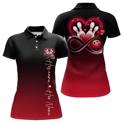 Black And Red Custom Valentines Bowling Polo Shirts For Women, Infinity Love Couple Shirt IPHW8370