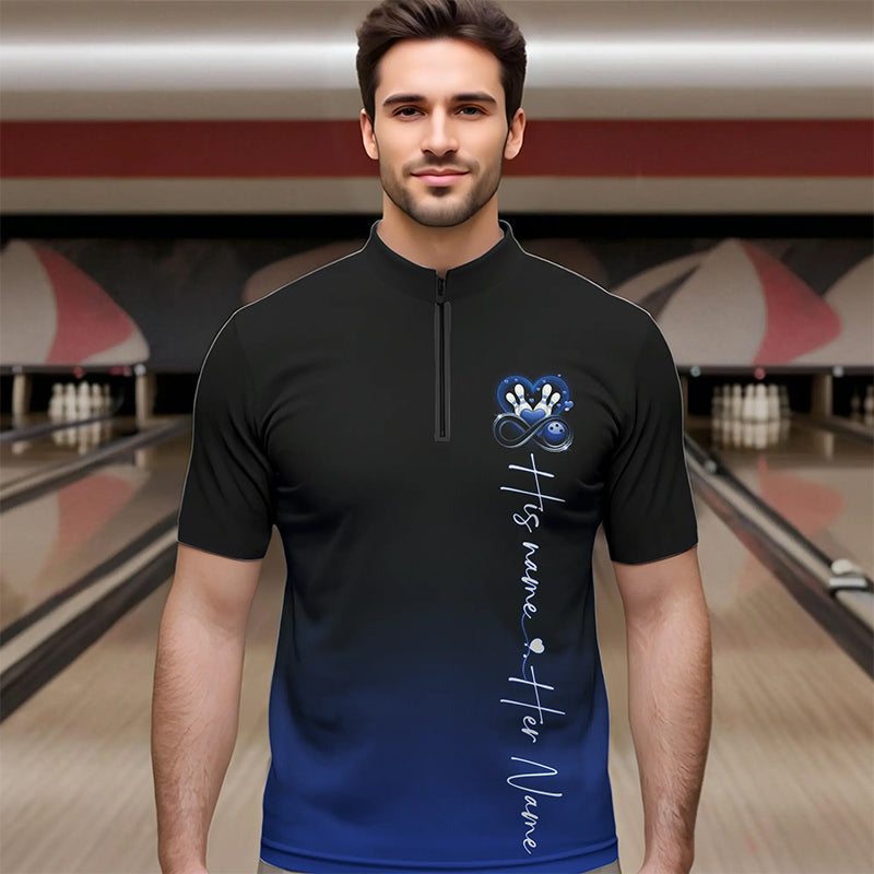 Black And Blue Custom Valentines Bowling Quarter-Zip Shirts For Men, Infinity Love Couple Shirt IPHW8371