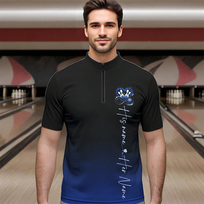 Black And Blue Custom Valentines Bowling Quarter-Zip Shirts For Men, Infinity Love Couple Shirt IPHW8371