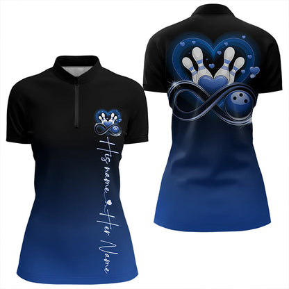Black And Blue Custom Valentines Bowling Quarter-Zip Shirts For Women, Bowling Couple Shirt IPHW8371