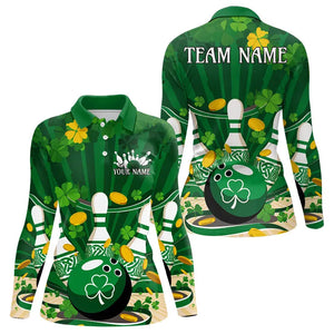 Custom Green St Patrick's Bowling Womens Long Sleeve Polo Shirts, Celtic Team Bowling Outfits IPHW8375