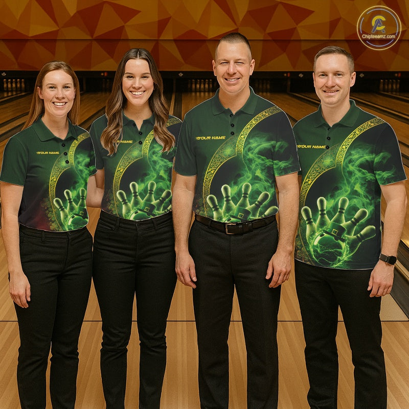 Custom Green And Gold Celtic St Patricks Day Bowling Team Shirt, Green Smoke Shamrock Bowling Outfit IPHW10445