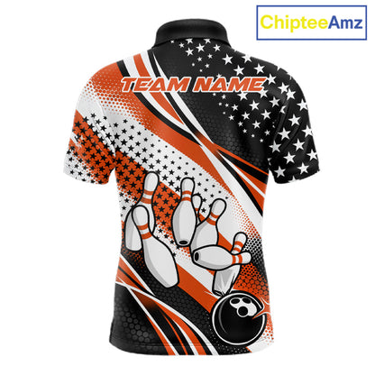 Custom Black And Orange American Flag Patriotic Bowling Shirts, US Flag Bowling League Shirt Bowlers Outfit IPHW10449