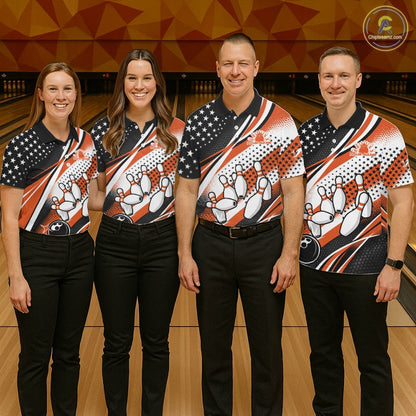 Custom Black And Orange American Flag Patriotic Bowling Shirts, US Flag Bowling League Shirt Bowlers Outfit IPHW10449