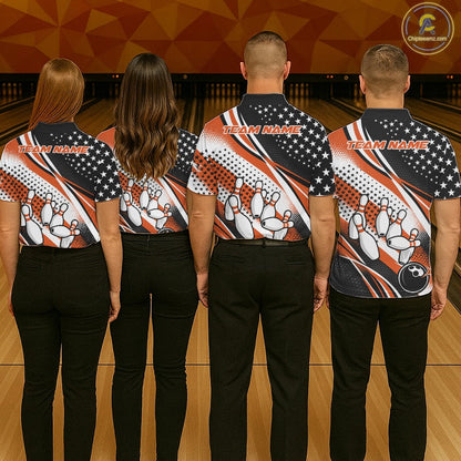 Custom Black And Orange American Flag Patriotic Bowling Shirts, US Flag Bowling League Shirt Bowlers Outfit IPHW10449
