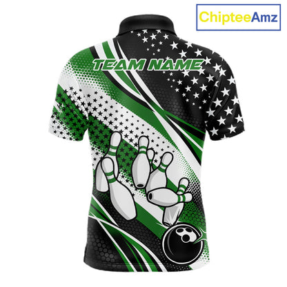 Custom Black And Green American Flag Patriotic Bowling Shirts, US Flag Bowling League Shirt Bowlers Outfit IPHW10450