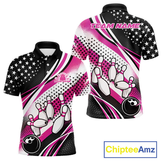 Custom Black And Pink American Flag Patriotic Bowling Shirts, US Flag Bowling League Shirt Bowlers Outfit IPHW10452