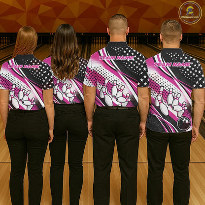 Custom Black And Pink American Flag Patriotic Bowling Shirts, US Flag Bowling League Shirt Bowlers Outfit IPHW10452