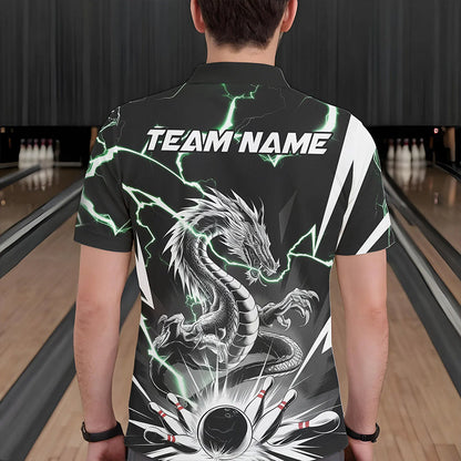 Custom Black And Green Thunder Lightning Dragon Bowling Team Polo Shirts For Men IPHW8555