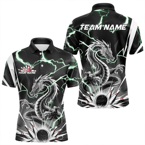 Custom Black And Green Thunder Lightning Dragon Bowling Team Polo Shirts For Men IPHW8555