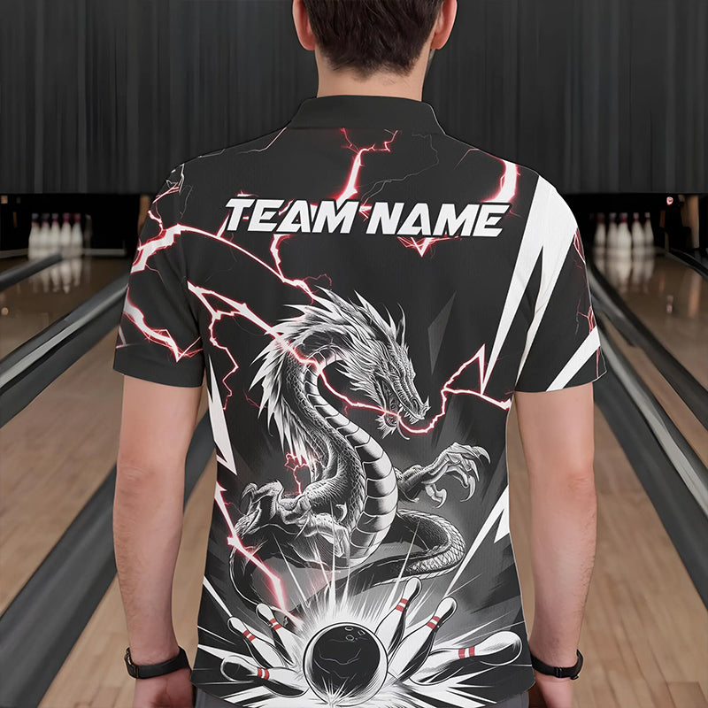 Custom Black And Red Thunder Lightning Dragon Bowling Team Polo Shirts For Men IPHW8556