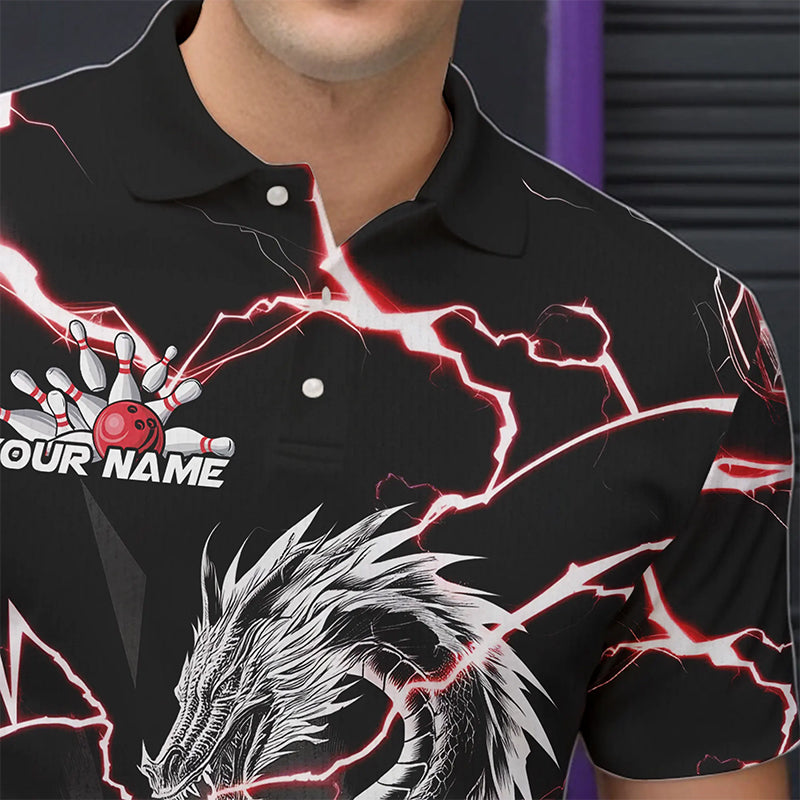 Custom Black And Red Thunder Lightning Dragon Bowling Team Polo Shirts For Men IPHW8556