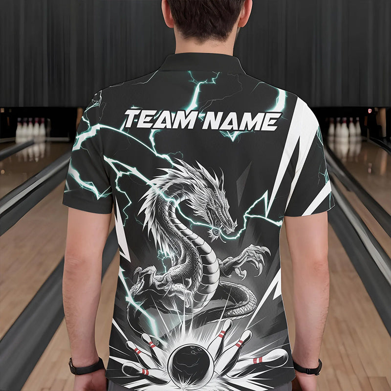 Custom Black And Blue Thunder Lightning Dragon Bowling Team Polo Shirts For Men IPHW8557