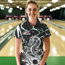 Load image into Gallery viewer, Custom Black And Blue Thunder Lightning Dragon Bowling Team Polo Shirts For Women IPHW8557
