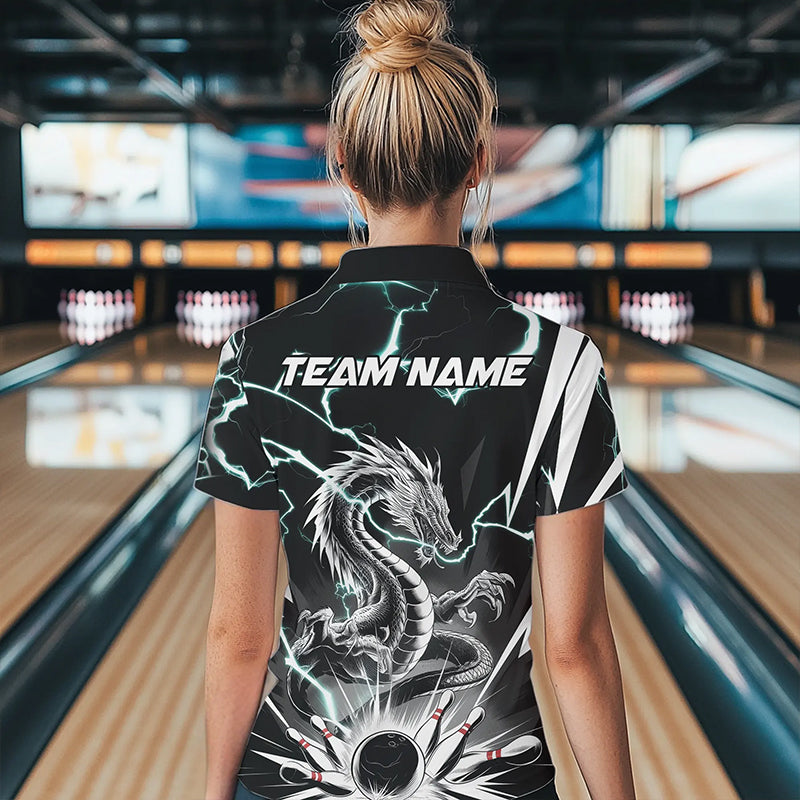 Custom Black And Blue Thunder Lightning Dragon Bowling Team Polo Shirts For Women IPHW8557