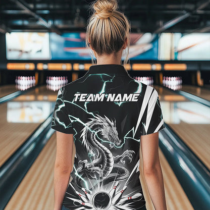 Custom Black And Blue Thunder Lightning Dragon Bowling Team Polo Shirts For Women IPHW8557