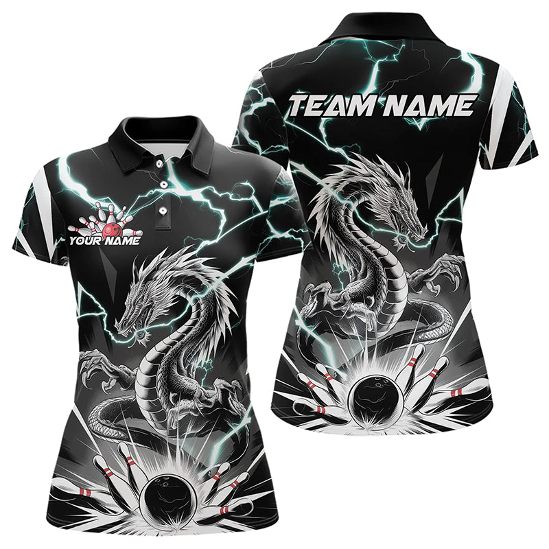 Custom Black And Blue Thunder Lightning Dragon Bowling Team Polo Shirts For Women IPHW8557