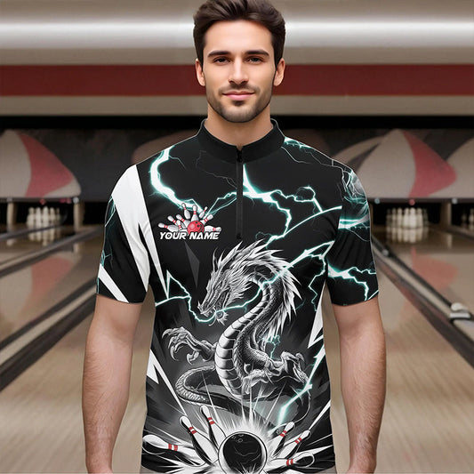 Custom Black And Blue Thunder Lightning Dragon Bowling Team Quarter-Zip Shirts For Men IPHW8557