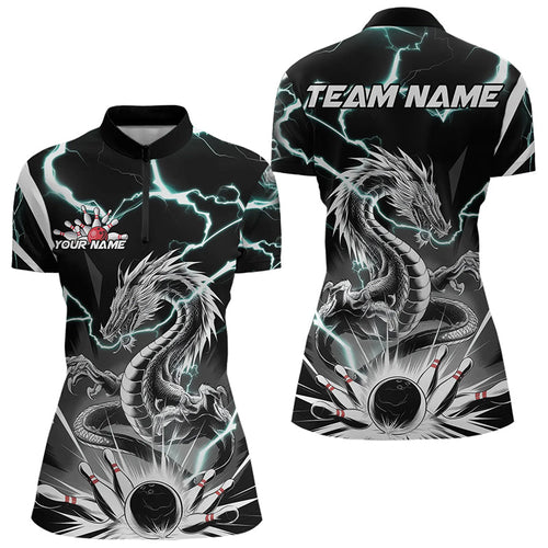 Custom Black And Blue Thunder Lightning Dragon Bowling Team Quarter-Zip Shirts For Women IPHW8557