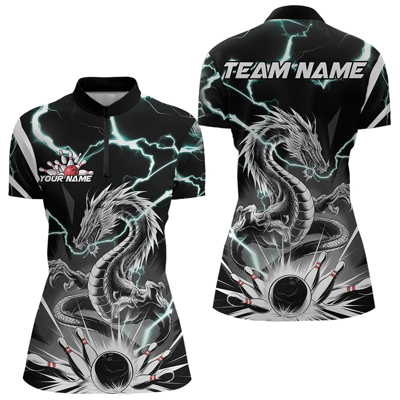 Custom Black And Blue Thunder Lightning Dragon Bowling Team Quarter-Zip Shirts For Women IPHW8557