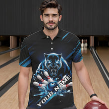 Load image into Gallery viewer, Custom Black And Blue Panther Bowling Polo Shirts For Men, Bowling Team Uniform IPHW8563