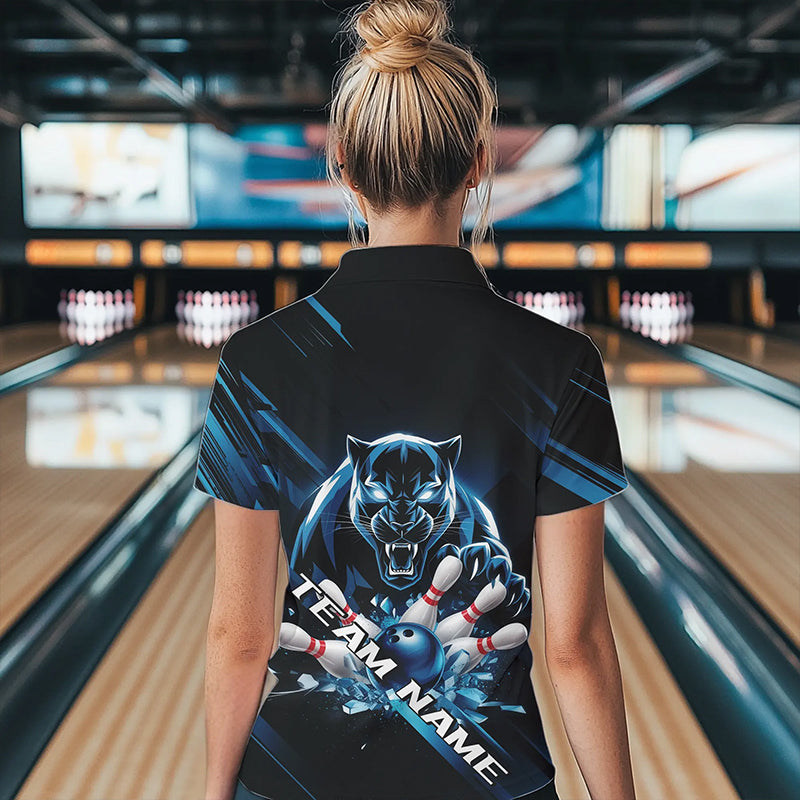 Custom Black And Blue Panther Bowling Polo Shirts For Women, Bowling Team Uniform IPHW8563