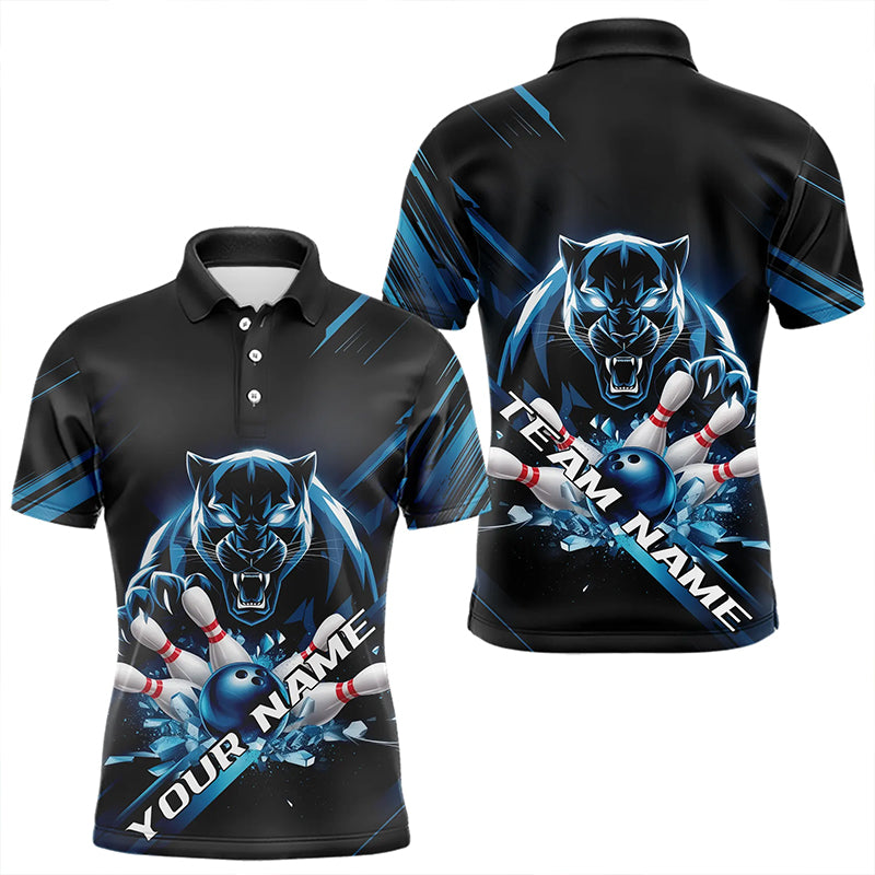 Custom Black And Blue Panther Bowling Polo Shirts For Men, Bowling Team Uniform IPHW8563